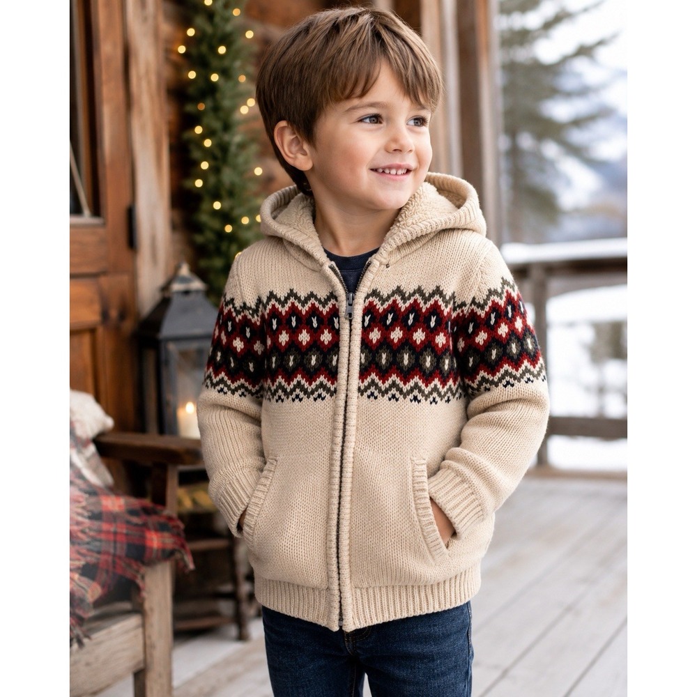 Kids EL CORTE INGLES Sweater Jacket 5 Fair Isle Nordic Sherpa Lined Hooded Zip